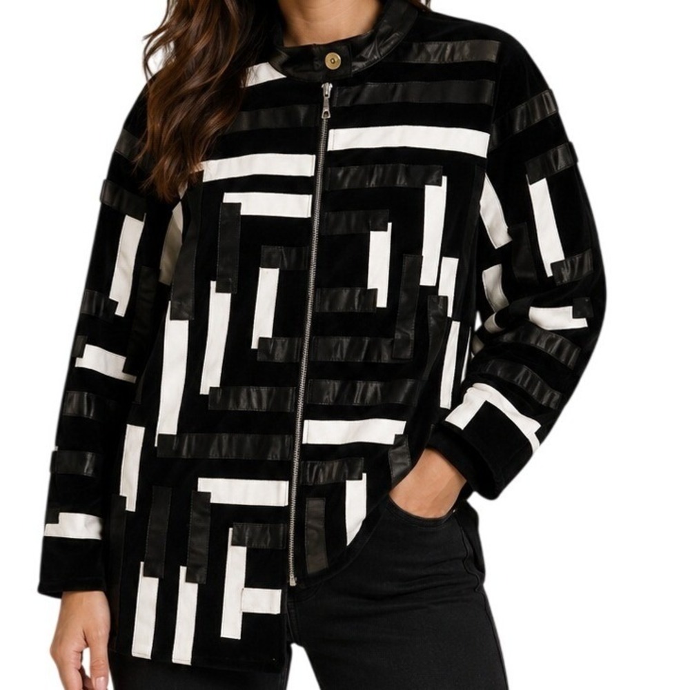 VECELLI Italy Black White Geometric Patchwork Light Jacket Women's M